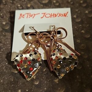 NOC Betsey Johnson Lucite Red Black Rhinestone Heart Leverback Earrings